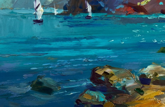 Image 1 of Original Oil Painting Coastal Rock Landscape Sailboats on the sea
