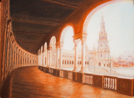 Image 1 of Painting of Plaza de España in Seville. Drawing of Plaza de España in Seville. Seville Painting. New.