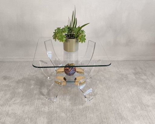 Tavolino da Caffè Lucite & Ottone – Stile Hollywood Regency DLG Charles Hollis Jones – Curvasa Muebles Vintage 1980
