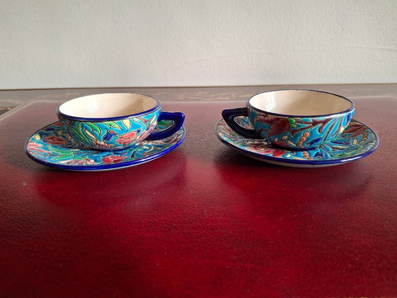 Image 1 of Tête à tête, set of 2 coffee cups and saucers in Longwy enamels