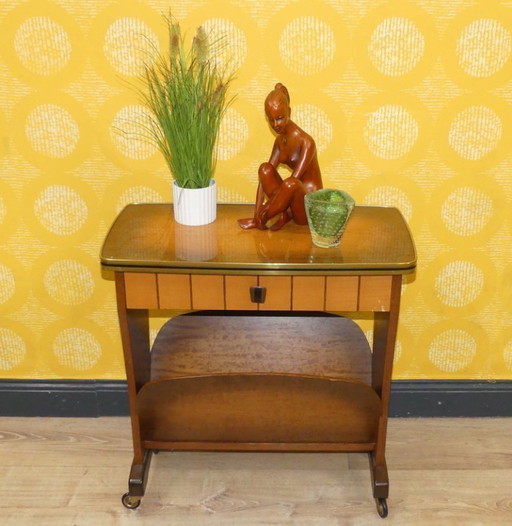 50s side table newspaper stand small furniture newspaper table on castors with drawer vintage retro formica