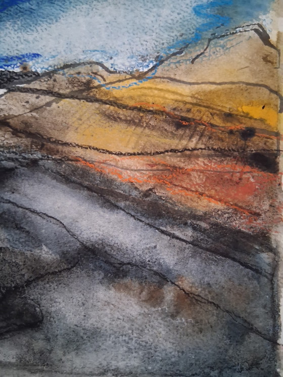Image 1 of Big storm climes over the hills, mixed media watercolor with pastel on watercolor paper.