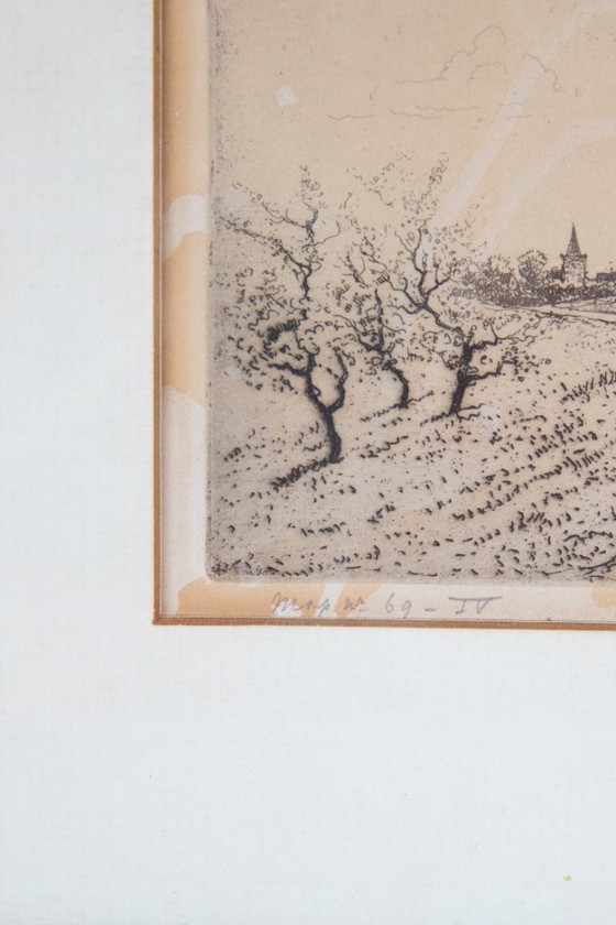 Image 1 of Jan Poortenaar – Dutch polder landscape with church – etching – signed