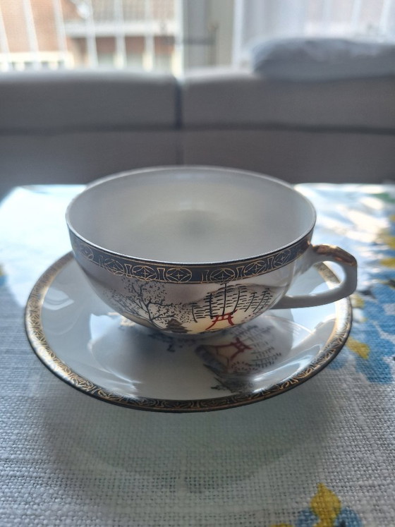 Image 1 of Zeldzaam vintage Japans lithofaan theeservies "Verborgen Geisha" porselein