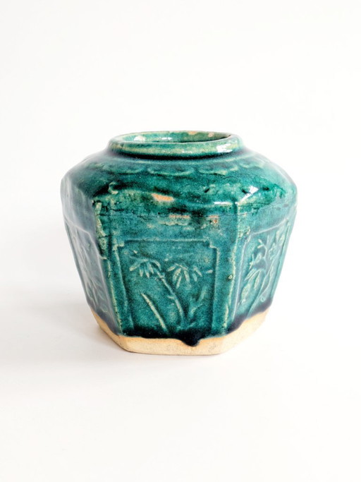 Vintage Chinese Shiwan Ginger Jar, Green Glazed Hexagonal Earthenware Vessel, Collectible