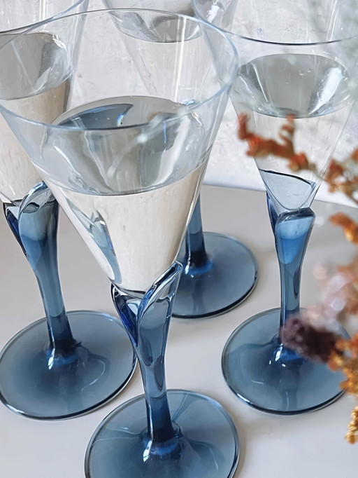 Set van 6 Vintage Luminarc "Lilas" Champagneglazen – Saffierblauw – Jaren '80/'90 (Mint)