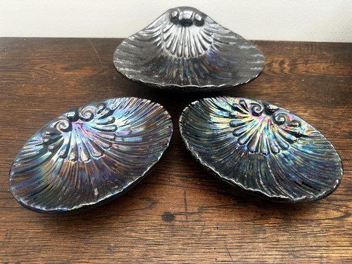 Trio of iridescent black ceramic dishes / Empty Pockets Shell shape