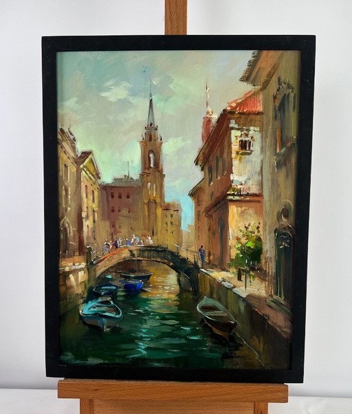 Original Oil Painting City River Landscape The busy streets of Venice