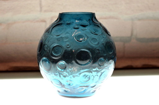 Glass vase blue with bubbles in vintage ball shape