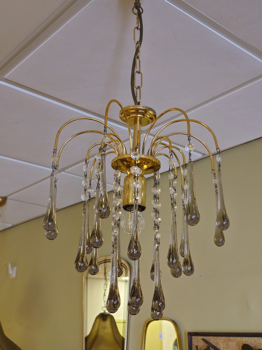 Vintage Murano Teardrop Chandelier Pendant Lamp Smoke Brass