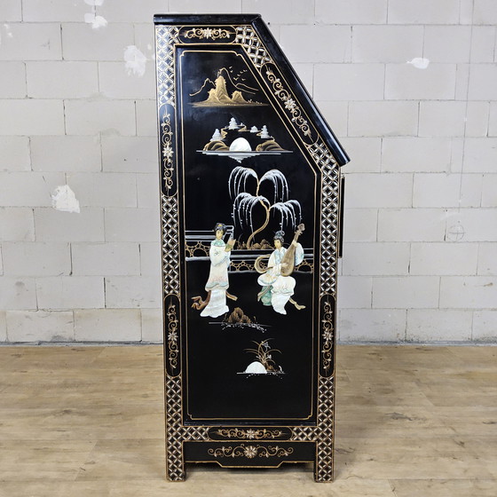 Image 1 of Vintage Chinese Lacquer Secretary / Desk with Mother-of-Pearl Overlay / Bohemian / Oriental Cabinet