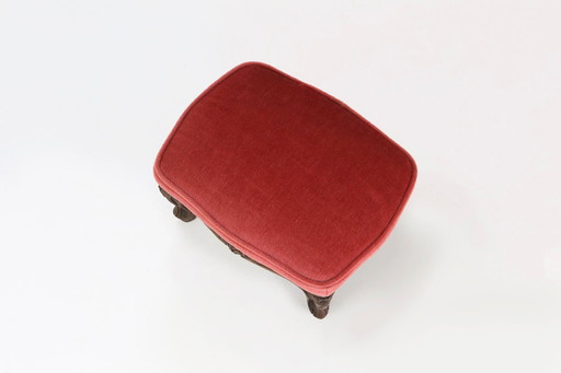 Baroque Style Foot Stool in Carved Wood with Coral Velvet Upholstery