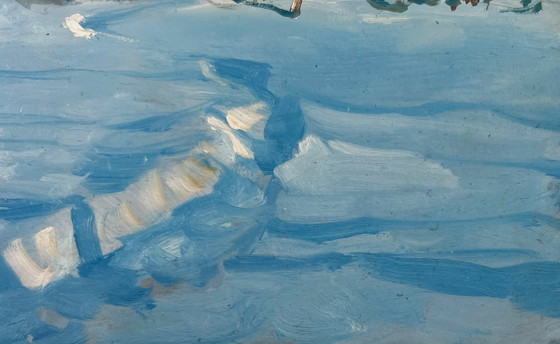 Image 1 of Peinture à l'huile originale représentant une maison enneigée dans un paysage où vit un conte de fées hivernal.
