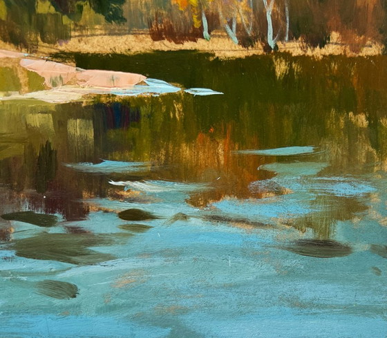 Image 1 of Origineel olieverfschilderij: Herfstlandschap aan een rivier, de natuur in.
