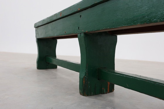 Image 1 of Panca rustica primitiva verde in rovere massiccio, Francia ca. 1900