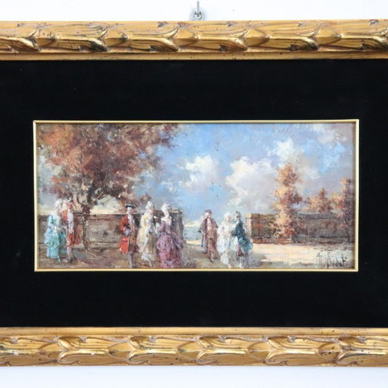 Image 1 of Gallant Scene, Oil Painting on Board Signed N. Sidoli, Italy Early 20th Century