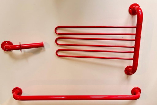 Vintage red bathroom set - towel rack - industrial style painted metal
