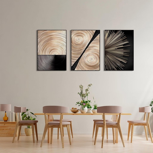 DekoArte - Tableau decoration murale salon, ART MINIMALISTE EN BOIS, 50x70 cm, x3 pièces - Tableaux avec cadre noir inclus