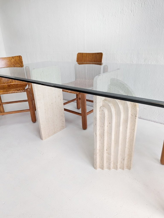 Image 1 of Travertine & Glass Dining Table with Sculpted Legs 1970s