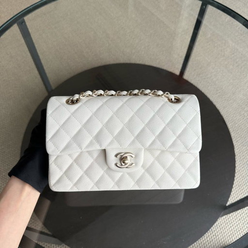 Chanel Classic Flap Small - Caviar 23CM Quilted White Light Gold Hardware Microchip