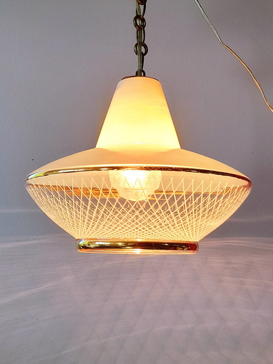 Image 1 of UFO silkscreened glass pendant light, 1970