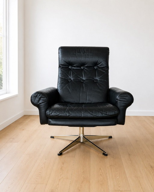 Fauteuil pivotant vintage danois en cuir noir, milieu du siècle, années 1970 – Leather