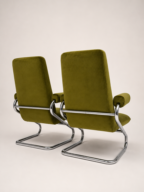 Vintage chromen buisframe fauteuils – Stoelen / fauteuils, Velvet, Mid Century Modern (photo 2 of 4)