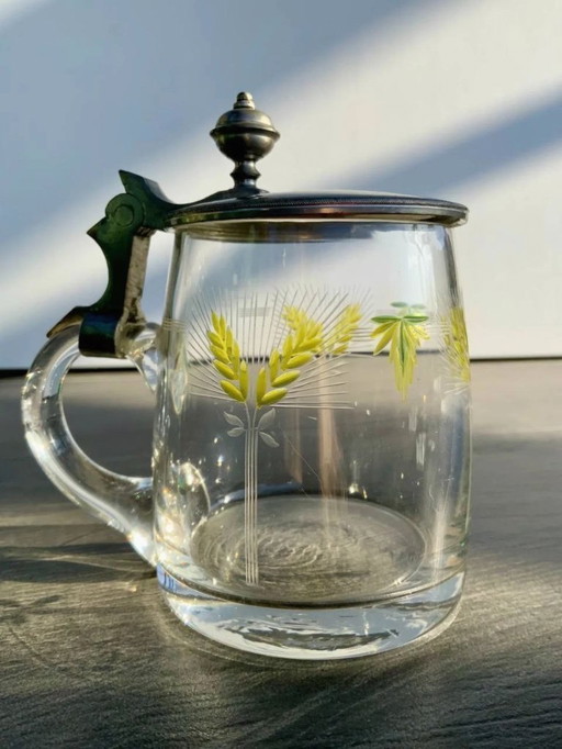 Boccale da birra antico con coperchio in peltro e smalto dipinto a mano (0,4 l)