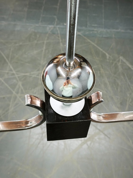 Image 1 of Art Deco Chrome and Opaline Glass Chandelier, Czechoslovakia, 1930s
