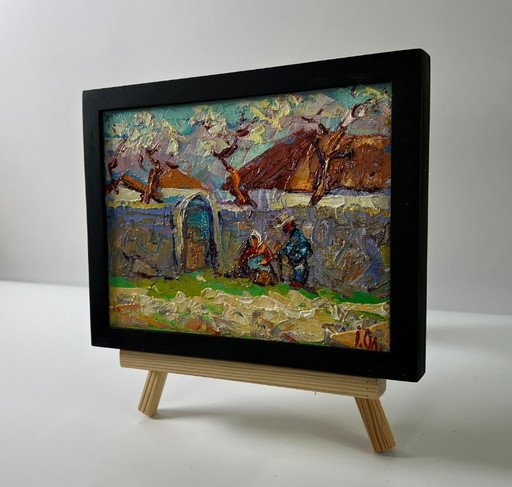 Original Oil Painting Rural Spring Landscape Village Memory – schilderijen tekeningen, Canvas (photo 2 of 8)