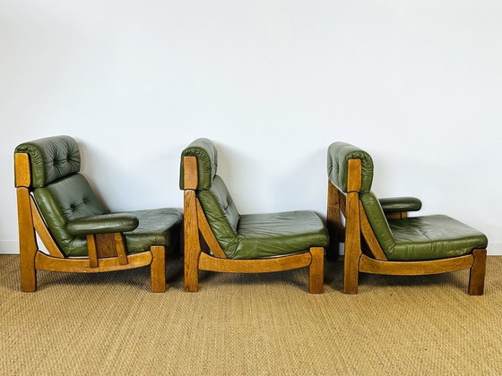 Image 1 of Scandinavian sofa in green leather and oak, 1960, Set of 3