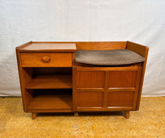 Image 1 of Mid-century retro vintage teak telephone seat by Nathan 1960–1970  Stylish utility|iconic british design|functional storage