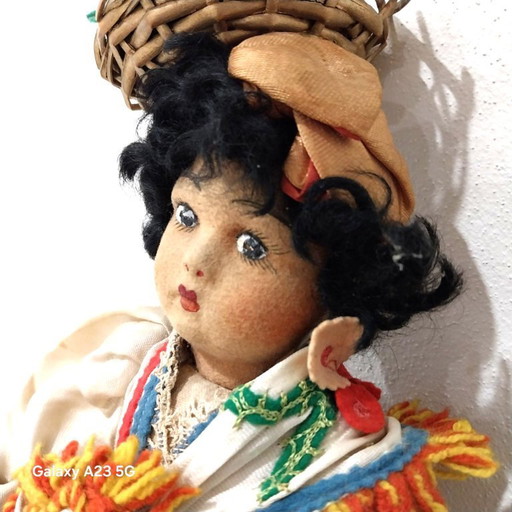 Handmade Vintage Folk Doll – 52 cm – Traditional Costume with Felt Embroidery | Ethnic Textile Doll | 1950s–1960s Pannolenci .