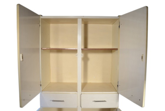 Formica kast met 4 deuren en 2 lades, wit met beige nerf, B78xD40xH175cm – Opbergkast, Metal, Wood (photo 3 of 11)