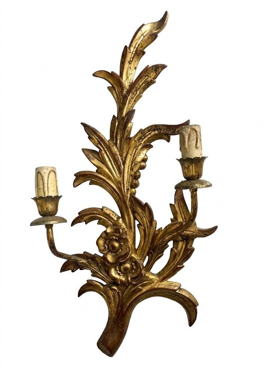 Gouden wandarmaturen met bladmotief, Wandlampen, Hout, Gold, Klassiek (foto 2 van 5)