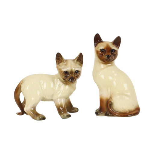 Koppel Beeldjes Siamese Kat Geglazuurd Keramiek Japan – beeldhouwkunst, Ceramic
