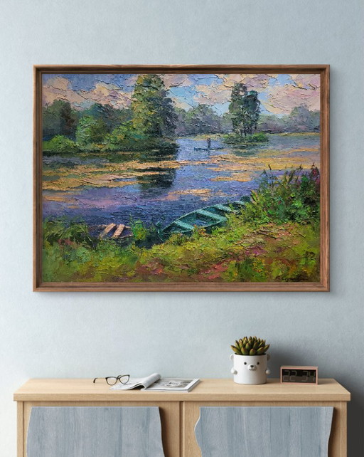 Original Oil Painting Summer Landscape Nature Boat on the Pond – schilderijen tekeningen, Canvas (photo 2 of 7)
