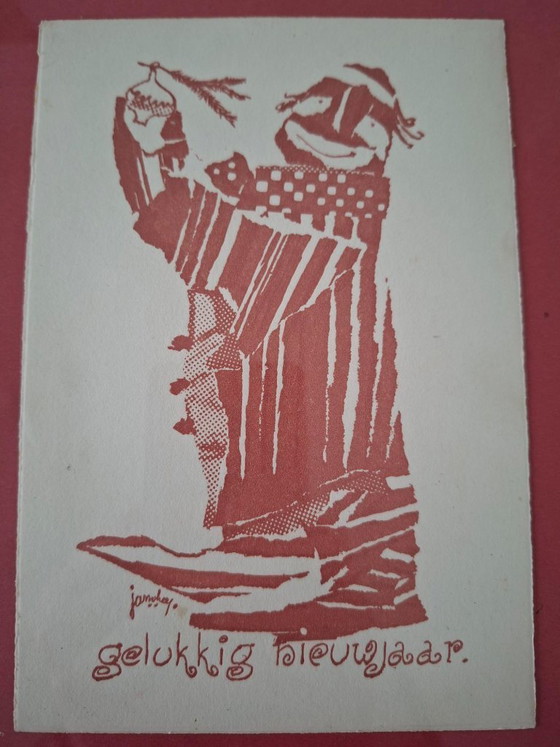 Image 1 of 2 litografie Cartoline di Capodanno opera grafica Jan van Heel anni '50