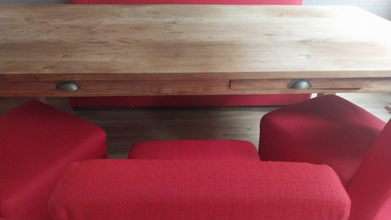 Mesa de comedor robusta de teca (220x100x79 cm) Incluye banco (180x63x84 cm) y sillas (50x63x84 cm) (photo 3 of 10)