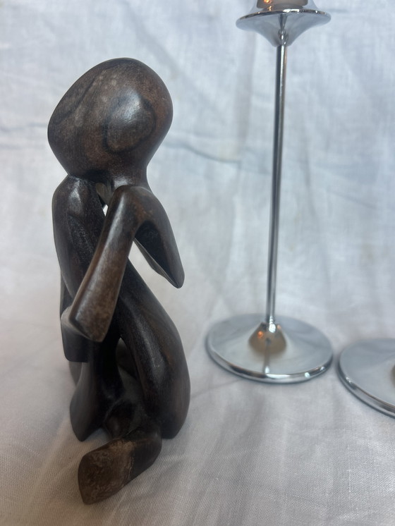 Image 1 of Houten beeld de denker seventies 79 abstract 