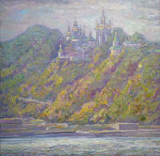 Original Ölgemälde Landschaft Fluss Kathedrale Auf Dem Hügel Blick Auf Die Lawra – schilderijen tekeningen, Canvas