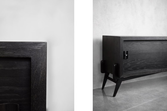 Image 1 of Vintage Mid-Century Scandinavian Modern Dark Oak Sideboard with Wooden & Metal Handles, 1960s