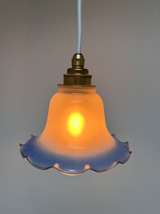 Image 1 of Vintage flower-shaped pendant lamp, frosted glass with blue rim (1970s/1980s)