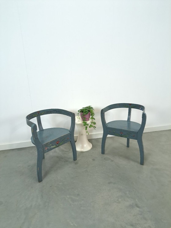 Image 1 of Old wooden blue set of chairs with flowers from Sweden