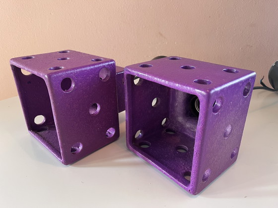 Image 1 of Gave vintage dobbelsteen lampen set. 2 stuks Fat Lava periode! Paars keramiek hanglamp