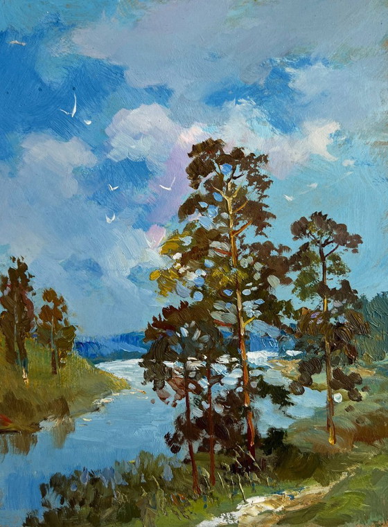 Image 1 of Original Oil Painting Summer River Landscape Warm summer day by the river