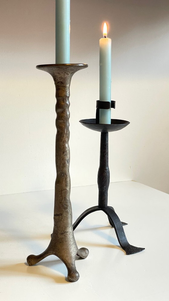Image 1 of Een paar brutalistische vintage stalen kandelaars