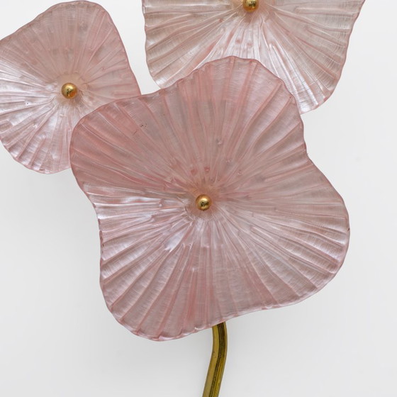 Image 1 of Pair of Modern Murano Artistic Glass Pearly Pink and Brass Sconces