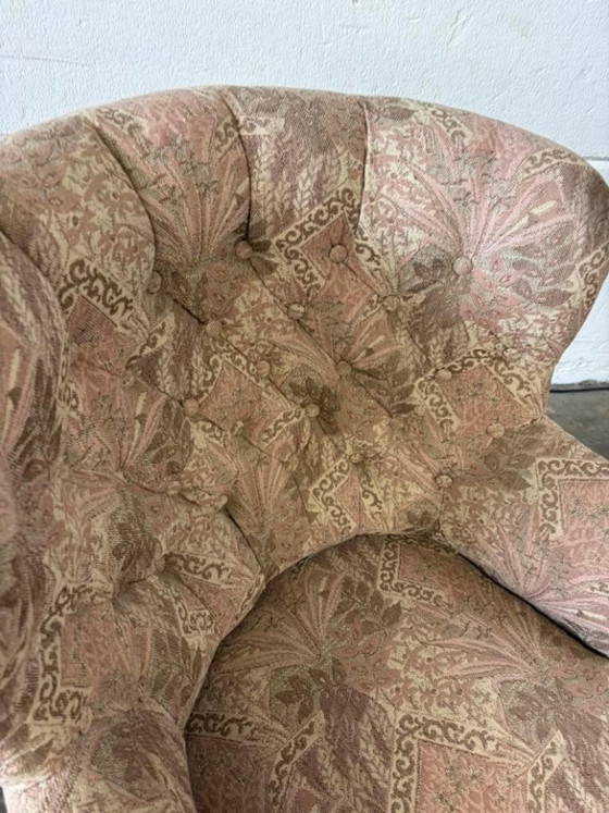 Image 1 of Fauteuil vintage rose clair à motifs floraux / une place avec franges