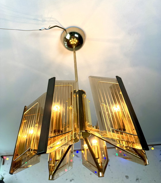 Image 1 of Massive Vintage Design Brass Chandelier With Etched Glass